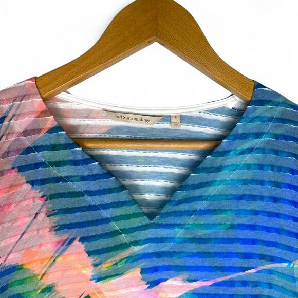Soft Surroundings Banded Tunic Top L Multi Colored Tropical Print 3/4 Sleeve - Picture 9 of 11
